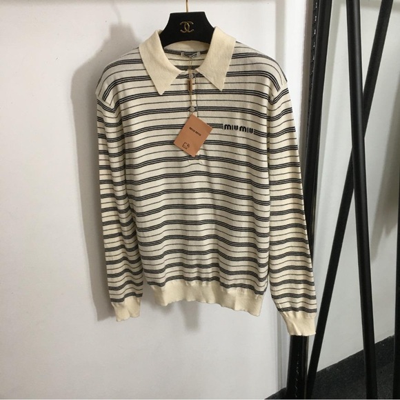 Miu Miu Cream and Black Striped Polo Sweater - Picture 1 of 9